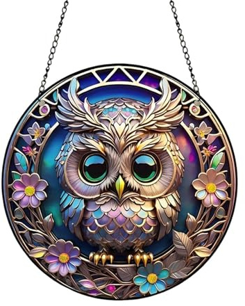 Eule Sonnenfänger Buntglas Hängender, Acryl 2D Anhänger,Hängende Fensterdeko Vogel Buntglas Deko,Hängeornament für die Dekoration von Wohnzimmer und Schlafzimmer,Gartendeko (B)