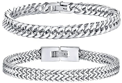 Herren Armband Edelstahl Armbänder Panzerkette - 2 Stücke Silber Schwarz Gold Herrenarmbänder für Männer Jungs Kubanische Armband 8mm Breite 19cm/21cm/23cm Länge Geschenke für Ehemann Papa Sohn Bruder