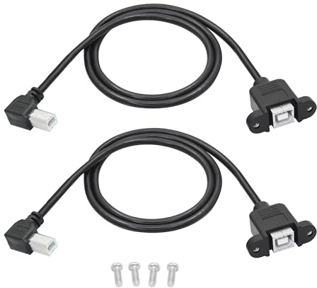 Riertostng 2 Pcs 90 Degree USB 2.0 Printer Extension Cable, USB-B 90 Degree Elbow Male to USB-B Female 30mm Hole, Right Angle Socket Scanning Line Screw Panel Installation and Fixation (1.5FT)