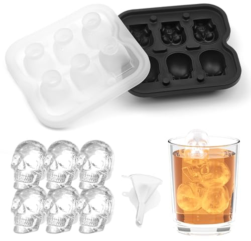ZSYILIN 3D Totenkopf Silikon Eiswürfel, 6 Gitter Silikon Eiswürfelform für Whisky, Cocktails, Jedes Getränk, Eisformen 3D Schädel Model mit Mini Trichter