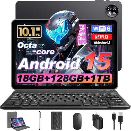 Raemond Android 15 Tablet 10 Inch with Keyboard Mouse, Octa-core CPU,RAM 18GB, ROM 128GB (Up to 1 TB), 800x1280 Widevine L1, WiFi 6 & Bluetooth 5.4, Dual Speakers, 5MP+8MP, 6000mAh, GPS