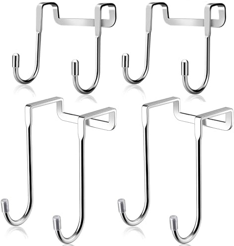 Techchii 4 PCS Shower Hooks, Bathroom Door Hook Double Hook Towel Hangers | Stainless Steel Portable Over Door Hanger, for Bathrooms Kitchen Cabinet Wardrobe (2 Sizes)