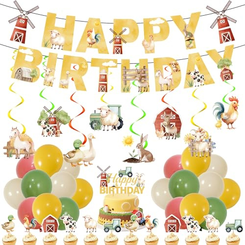 Bauernhof Geburtstag Deko Tiere Party - 43 StüCk Happy Birthday Banner Balloons Kuchen Cupcake Toppers Scheune HäNgender Geburtstagsdeko FüR Happy Birthady Geburtstag Home Deko