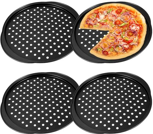 TOYANDONA 4 Pezzi Teglie Pizza Forate in Acciaio al Carbonio con Manici Piccoli Resistenti Alte Temperature Rivestimento Antiaderente per Forno e Uso Domestico e Professionale