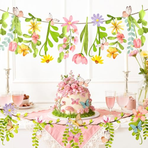 NICROHOME EUR 2 Stück Wildblumen Girlande Deko mit Schmetterlingen | Watercolor Blumenbanner für Frühling Gartenparty Deko Babyparty Hochzeit Waldgeburtstag Teeparty Hintergrund Dekoration