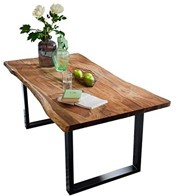 SAM Esszimmertisch mit Baumkante, massives Akazienholz, Nussbaumfarben/schwarzes Gestell, 160 x 85 x 77 cm