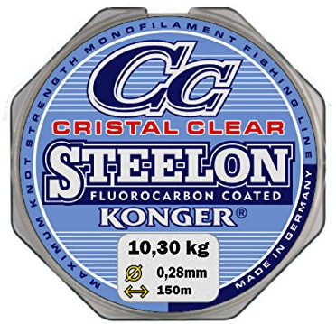 Ligne de pêche KONGER - Revêtue de fluorocarbone 0,12-0,50 mm / 150 m - Avec monofilament - Extrêmement robuste-, Transparent, 0,28mm / 10,30kg
