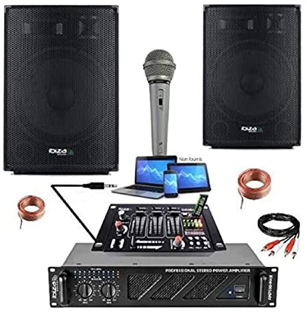IBIZA Sound Light - Pack AMPLI Sono + 2 Enceintes Pro + Table DE MIXAGE + Micro + CÂBLE PC HP - PA Sono DJ Light - Soirée Mariage Anniversaire