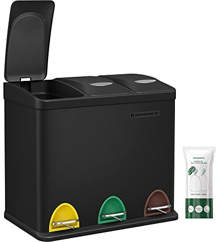 SONGMICS Cestino per Rifiuti da Cucina, 3 x 8 L Pattumiera Differenziata con Coperchi Piccolo Volume, Cestino Triplo in Acciaio, Pedali e Secchi Interni, Facile da Pulire, Nero LTB24BK