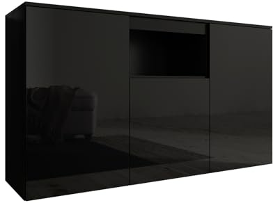 MB Muebles Bonitos, Buffet Nevada avec 3 Portes pour Salon et Salle à Manger, Meuble Moderne en Mélamine Brillante, Couleur Noir, 140x82x40 cm