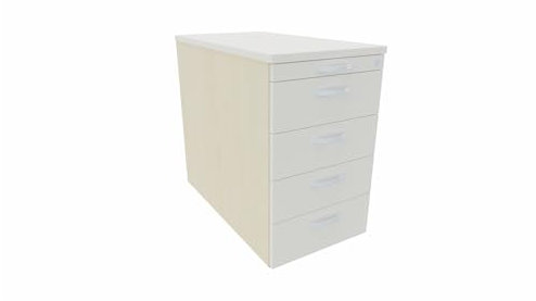 Standcontainer mit 4 Metall-Schubfächern und Utensilienschubfach, Metall-Rollschubführung, Zentralverriegelung, 438x800x720, Weiß/Weiß/Ahorn