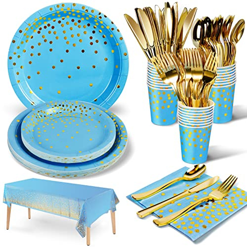 141 Stück Himmelblaugold Partygeschirr, Pappteller Kindergeburtstag Set, ​Geburtstag Party Geschirr, Partyzubehör Papier Wiederverwendbar Geschirr Set einschließlich Papier Teller Becher -20 Gäste