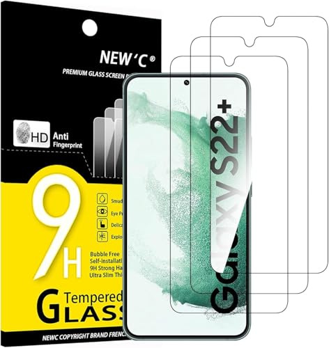NEW'C 3 Pack, skärmskydd i glas för Samsung Galaxy S22+ / S22 Plus, bubbelfri, 9H hårdhet, 0,33 mm ultratransparent, ultrabeständigt härdat glas