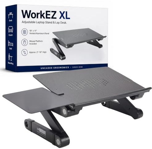 WorkEZ Laptop-Kühlständer und Schoß-Schreibtisch für Bett, Couch mit Mauspad. Ergonomischer Höhenwinkel, Neigungswinkel, Aluminium, tragbar, für MacBook, Computer, zusammenklappbar, XL-Schwarz