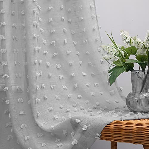 KOUFALL Light Grey Curtains 84 Inch Length for Living Room 2 Panels Set Back Tab Rod Pocket Pom Pom Fluffy Furry Textured Gray Sheer Curtains for Bedroom Girls Boho Nursery 52 x 84 Inches Long