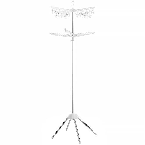 SONGMICS LLR512W01 Étendoir à linge avec 3 bras rotatifs pour cintres, 4 pieds, en acier inoxydable, pour vêtements et chaussettes, 183 cm de haut, blanc et argenté