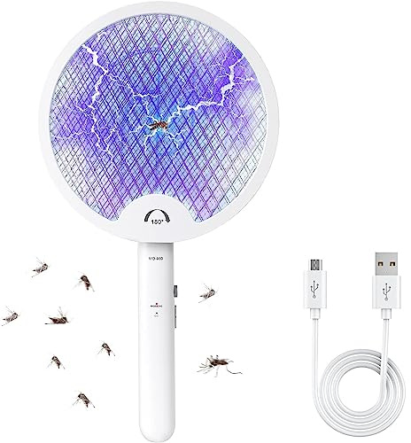 Electric Fly Swatter, USB Rechargeable Fly Zapper Racket, Foldable Fly Killer with Bright LED Lights, Electronic Bug Zapper for Indoor and Outdoor Mosquito, Wasp, Pest, Insect Control