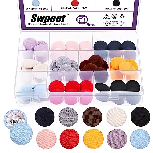 Swpeet 60Pcs 10 Farben 25mm Stoff bedeckt mit Metallschaft Runde Knöpfe Sortiment Kit, perfekt für Braut Hochzeit Kleid Satin Bluse Prom Dress & Formal Dress