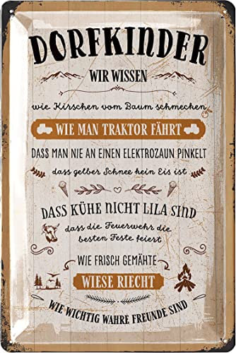 LANOLU Retro Blechschild DORFKINDER- lustige Schilder mit Sprüchen, Shabby Chic Deko - Geschenk im Farmhouse Deko, vintage Metallschild mit Sprüchen 20x30cm