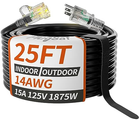 PlugSaf - 14/3 Gauge Outdoor Extension Cord, Water Resistant with Illuminated Indicator, Cold Resistant -40℃, Flexible 3 Prong Extension Cord Outside, 15A, 1875