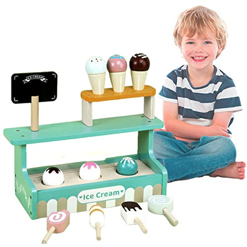 Sobebear 12 Piece Wooden Ice Cream Cart Playset, Pretend Dessert Stall with Cones, Lollies, Blackboard, Durable Wooden Toys, Role Play Imaginative Playset for Kids Age 36+ Months