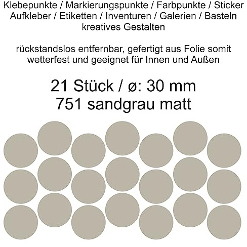 Aufkleber Etiketten Klebepunkte aus Folie 21 Stück grau sandgrau matt rund 30 mm selbstklebend farbig wetterfest Decal Markierungen Organisieren DIY basteln verzieren Modellbau Scrapbooking
