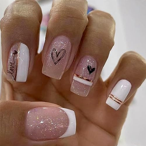 24pcs French Tip Press on Nails - Glitter Pink With Black Heart Gold Lines - Removable Glue-on Acrylic Nail Art Accessories for Women and Girls