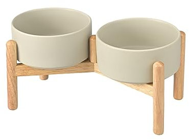 SPUNKYJUNKY Erhöhter Futternapf aus Keramik mit Holzständer, erhöhter Hundenapf für kleine, mittelgroße Hunde, Futter und Wasser, Haustier-Futternapf (Doppelnapf, 825 ml, Grau)
