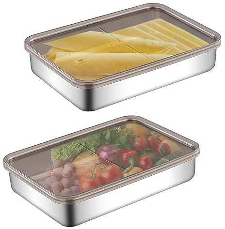 GAESHOW 2Pcs Bacon Storage Box for Fridge, Deli Meat Containers with Lids, Stainless Steel Cheese Cold Keeper Holder Food Containers for Storing Deli, Celery