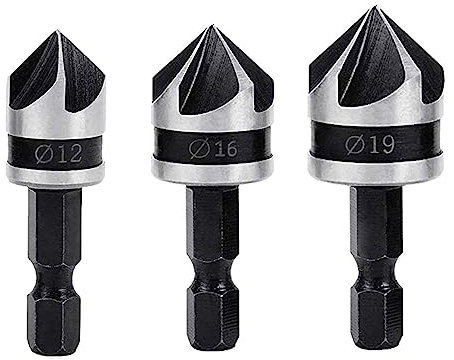 Treki 3PCS Broca Avellanadora Fresa de Biselado de 90 grados Broca Avellanada con 1/4 Hexagonal 12mm 16mm 19mm Taladros de Avellanado para Herramientas de Chaflán Madera Plástico Metal Blando