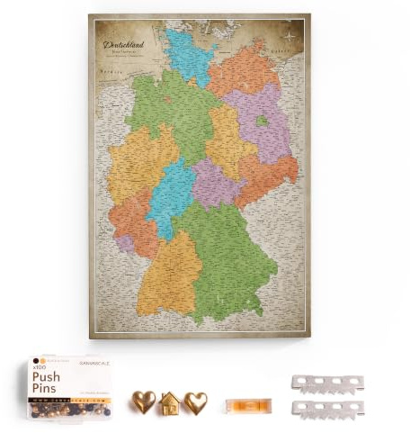 CANVASCALE Canvas Deutschlandkarte mit Pinnwand Kork zum Pinnen der Reiseziele - Wanddeko für Jeden Raum - Hochwertige Leinwand Bilder mit Deutschlandkarte (120x80 cm, Muster 3)