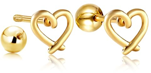 Gold Herz Ohrstecker, WGXIA Kleine Liebe Herzen Schraube Runde Rückseite Ohrringe Edelstahl Antiallergisch Ohrringe Schmuck für Frauen und Mädchen (Hohl-Gold)