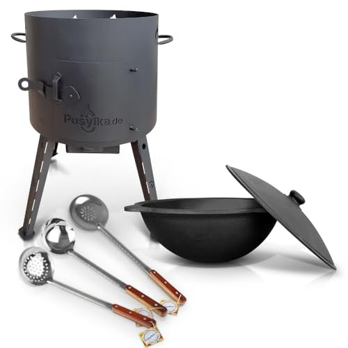 Utschak - Horno de fuego con olla de hierro fundido con base redonda con tapa (12 L), diámetro de 40 cm, para exteriores, brasero, camping, kazán, cañón de goulash, horno holandés (set 4-12)