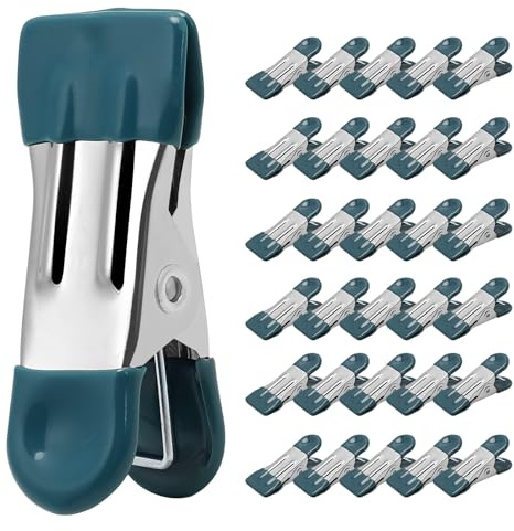 Clothes Pins Heavy Duty 30 Pack - 2.17 Inch Metal Chip Clips, Clothespins for Photo Drying Clothesline Laundry Sock, Bag Clips for Food Kitchen Stainless Steel with Rubber, Dark Green
