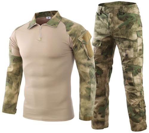 SUNDAYYO Herren Militär Uniform Taktische Anzug Combat Shirt und Hosen Airsoft Tarnanzug Hemd Bundeswehr Pullover Langärmlige mit 1/4 Reißverschluss Camouflage BDU Paintball Kleidung （FG,XL）