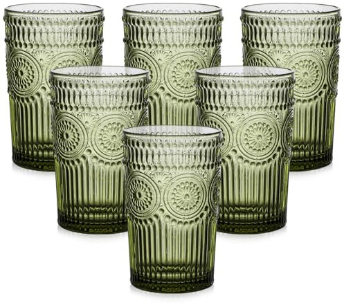 ZMOWIPDL Vintage Glassware Drinking Glasses Set of 6,13 oz Green Textured Flower Design Glass Water Tumblers，Embossed Striped Drinkware for Water,Cocktails,Juice,Iced Coffee
