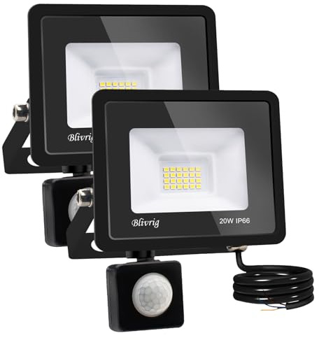 Blivrig 2PCS 20W Focos LED Exterior con Sensor de Movimiento Blanco Frio 6500K, 2000LM Brillante Foco LED Luces Detector IP66 Impermeable, Iluminación de Seguridad para Garaje, Patio, Terraza