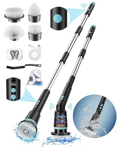 Kabellose elektrische Reinigungsbürste mit Fernbedienung, IPX7 wasserdicht, 4 austauschbare Bürstenköpfe, für Badezimmer, Dusche, Badewanne und Boden (schwarz)