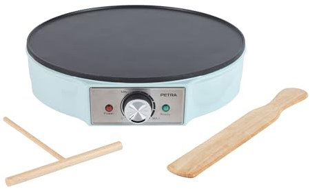 Petra PT6223BLVDE Crepera – Placa eléctrica para panqueques, superficie de cocción antiadherente, placa grande de 30 cm, temperatura ajustable, spreader y espátula de masa, 1200 W, azul