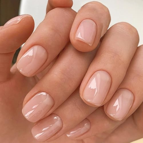 SXVME Nude Pink Press on Nails Short Square Acrylic Short False Nails Coffin Natural Acrylic Fake Nails Set Elegant Solid Color Full Cover Glossy Gel Stick on Nail for Women Daily Wear 24 Pcs