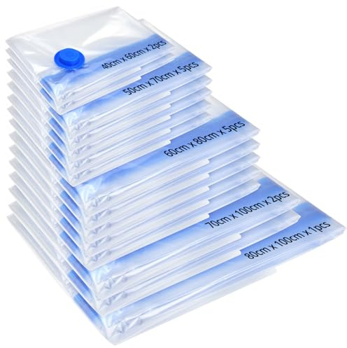 QWORK® Set of 15 Vacuum Storage Bags (1XXL, 2XL, 5L, 5M, 2S), Double Zip Seal & Leak Valve, Reusable Space Saver Bags for Clothes, Comforters, Bedding, and Pillows