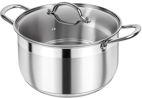 Kirecoo Olla de acero inoxidable – Olla de inducción resistente de 5 cuartos con tapa visible para pasta, sopa, espaguetis, olla grande antiadherente de fondo grueso, utensilios de cocina profundos