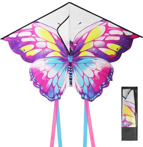 Aomig Kinder Drachen Einleiner Flugdrachen für Kinder und Erwachsene Bunter Schmetterling Lenkdrachen für Anfänger Drachen Kinder ab 3 Jahren Colorful Kinderdrachen with Long Tails Drachen (100*73cm)
