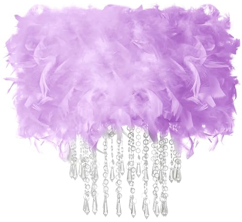 Waneway Feather Lampshade with Acrylic Droplets, Fluffy Lamp Shade for Ceiling Light, Pendant Light, Chandelier, Table Lamp or Floor Lamp, Bedroom Living Hallway Decoration, Purple