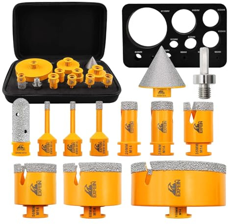 EXFEIN Diamant Fliesenbohrer Set 12 Stück - Fliesenlochsäge 6/6/8/20/25/35/50/68/110mm + 20mm Fingerbohrer + 50mm Abgeschrägte Fase + Adapter für Fliesen Porzellan Marmor Granit