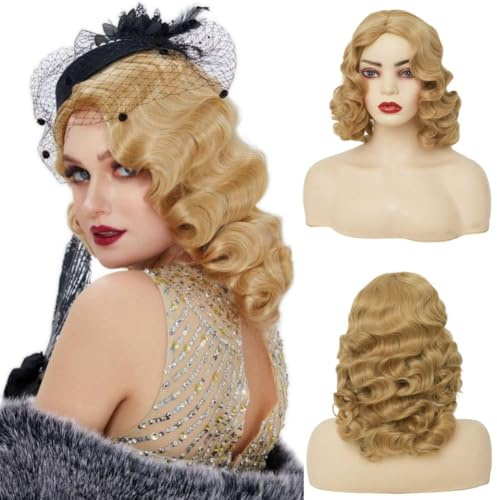 Siudus Blond 1920er Jahre Perücke Damen Fingerwelle Perücke Schulterlänge Lockig Vintage Flapper Synthetische Faser 30er Jahre Disco Haar Perücken für Cosplay Kostüm Halloween Party Verwendung