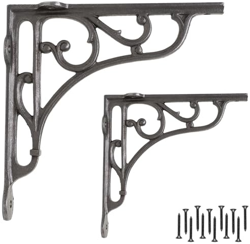 EDUWURXS Industrial Ornate Cast Iron Shelf Brackets 6x6in, Pair