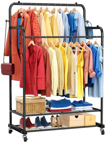 ZHKINGGS Double Rods Clothes Rail with Wheels: 80kg Capacity Metal Garment Rack, Lockable Castors & 2 Hooks for Bedroom/Laundry/Shop, Freestanding Wardrobe Organize (Black)