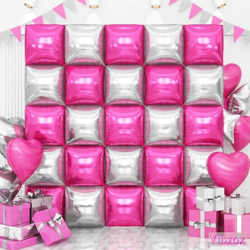 Hot Pink Silver Square Foil Balloons Wall, 25PCS Double Sided Chrome Silver and Pink Balloons Tunnel Arch Kit Backdrop for Girls Birthday Party Princess Graduation Galentines Valentines Decorations