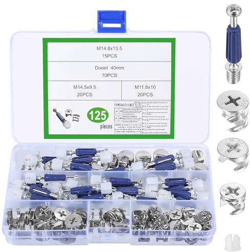 125 Pcs 3-in-1 Furniture Connector Hardware Fixings Set: Eccentric Cam Lock Screws for Furniture Screws, Fitting Dowels with Pre-Inserted Nuts for Table Wardrobe Cabinet Hardware Fittings